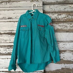 Wrangler Teal Button-Down Western Shirt with Embroidered Details